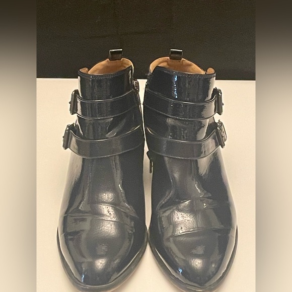 FRANCO SARTO BLACK RAINA, PATENT LEATHER, BLOCK HEEL BOOTIES SIZE 9.5 W - Picture 2 of 11